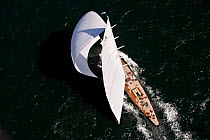 The premier of J-Class yacht "Hanuman," sailing downwind under spinnaker in the Newport Bucket Regatta, July 2009, Rhode Island, USA.
