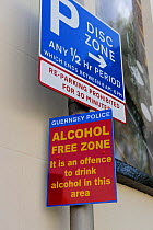 "Alcohol free zone" sign, St. Peter Port, Guernsey, Channel Islands, May 2009. The rules have been established here since 2007.