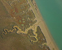 Aerial view of the river beds and saltmarshes of the Bahia / Bay de Cadiz Natural Park, Andalucia, Spain, March 2008