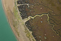 Aerial view of the coast, river beds and saltmarshes of the Bahia / Bay de Cadiz Natural Park, Andalucia, Spain, March 2008