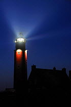 The Cocksdorp lighthouse shining at night, Texel, the Netherlands, April 2009
