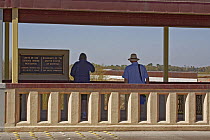 Pedestrian bridge over the Rio Grande at Progresso, the US / Mexico border wall is viewed by tourists walking from the US side, Lower Rio Grande Valley wildlife corridor, Texas, USA ILCP RAVE January/...