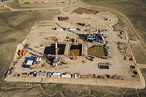 Aerial view of gas drilling site, Pinedale, Red Desert, Wyoming, USA