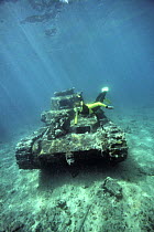 Diver and Japanese tank. Solomon Islands, Pacific.