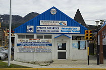 Passenger terminal in Ushuaia Port, the most southern city in the world, the point of departure for cruise ships and yachts leaving for the Antarctic Peninsula, Tierra del Fuego, Patagonia, Argentina,...