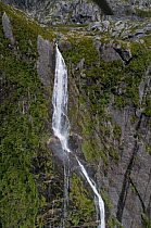 Aerial view of waterfall at Fiordland National Park, South Island, New Zealand, January 2009