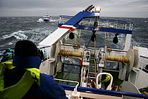 Aboard "Ocean Harvest" 40-50 miles East of Newcastle on the Barnacle Bank. "Harvester" is manoeuvring alongside to receive his side of the net at the start of a pair trawl operation, October 2008. Pro...