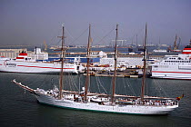 Spanish navy tall ship "Juan Sebastián de Elcano" motoring out of Cagliari Harbour, Sardinia. 2008.
