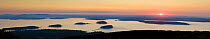 Frenchman Bay and the Porcupine Islands at sunrise as seen from Cadillac Mountain, Acadia National Park, Maine, USA, July 2008