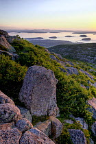 Frenchman Bay and the Porcupine Islands as seen from Cadillac Mountain at dawn, Acadia National Park, Maine, USA, July 2008