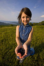 A young girl showing off the Blueberries she picked on a hilltop in Alton, New Hampshire, USA. Model Released. July 2008