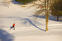 Looking down on a man cross-country skiing (track skiing) on a groomed trail next to the frozen Ottauquechee River in Quechee, Vermont, USA. Model Released.