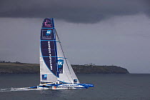 Maxiyacht "Banque Populaire V", skippered by Pascal Bidégorry, crossing the finish line at Lizard Point, Cornwall, for a new North Atlantic Record, in 3 days, 15 hours, 25 minutes and 48 seconds. 2 A...