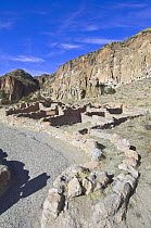 Ruined dwellings of the ancient native american Pueblo people, Bandelier National Monument, New Mexico, USA, February 2009