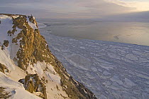Person standing on Cape Thompson and an open lead in the pack ice, blown open by strong winds, indicating thinning sea ice conditions, 26 miles south of Point Hope, Arctic coast of Alaska, March 2008