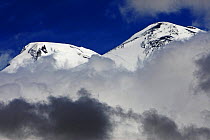 Mount Elbrus, the highest mountain in Europe (5,642m) surrounded by clouds, seen from Mount Cheget in the morning, Caucasus, Russia, June 2008
