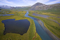 Aerial view over Laitaure Delta with mountains Skierffe and Nammatj and the Rapadalen valley, Sarek National Park, Laponia World Heritage Site, Lapland, Sweden, September 2008