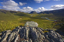 View from Lulep Spadnek looking south towards Tjahkkelij, Nammatj mountain in the distance, Sarek National Park, Laponia World Heritage Site, Lapland, Sweden, September 2008