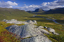 View along Rapadalen valley from Lulep Spadnek towards Tjahkkelij, Nammatj mountain in the distance, Sarek National Park, Laponia World Heritage Site, Lapland, Sweden, September 2008