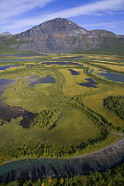 Aerial view over the Laitaure delta in the Rapadalen valleu, with Skierffe mountain, Sarek National Park, Laponia World Heritage Site, Lapland, Sweden, September 2008