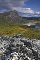 View over Laitaure delta in the Rapadalen valley and Skieffe mountain from Nammatj, Sarek National Park, Laponia World Heritage Site, Lapland, Sweden, September 2008