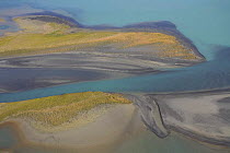 Aerial view over Lake Laitaure showing silt deposits from the Rapa river forming sand spits and vegetational growth, Sarek National Park, Laponia World Heritage Site, Lapland, Sweden, September 2008