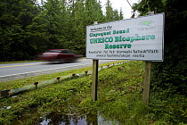 Sign for the Clayoquot Sound Biosphere Reserve, Clayoquot Sound, Vancouver Island, Canada