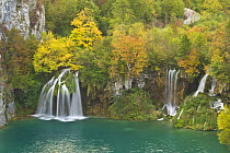 Waterfalls in autumn, Milanovac lake, Lower lakes, Plitvice Lakes NP, Croatia, October 2008