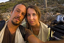Photographer, Stefano Unterthiner, and his wife, Stphanie Francoise, on his Wild Wonders of Europe mission on Eleonora's falcons (Falco eleonorae) Greece, September 2008
