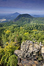View of forests and hills from Rudolf Kamen / Stone, Medvedi Diry, Ceske Svycarsko / Bohemian Switzerland National Park, Czech Republic, September 2008