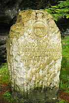 Park sign engraved in stone, Krinice River, Kyov, Ceske Svycarsko / Bohemian Switzerland National Park, Czech Republic, September 2008