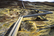 Pipes carrying heated water from the geothermal power plant in Krafla volcano area, northern Iceland 2005