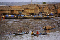 Nolian village with shrimp fry fishing boats pulled up on the mudflats of the Sibsa River at low tide, Sundarbans, Khulna Province, Bangladesh, March 2006