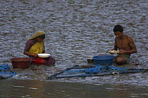 People sorting shrimp fry on the mudbank. Kholpatura River, Gabura Village, Sundarbans, Khulna Province, Bangladesh, March 2006