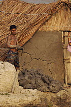 Man repairing home in the village of Chandpai on the Passur River, where shrimp fry fishing to supply shrimp for the shrimp ponds is the main industry. Villagers live in simple mud and thatch huts tha...