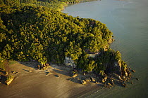 Aerial view of a rocky part of the Bako peninsula coastline coverd in rainforest, Bako National Park, Sarawak, Borneo, Malaysia. June 2006