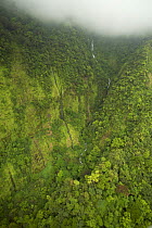 Aerial view of river gorge of the Rio Iladyi on the Southwest of Bioko Island, Equatorial Guinea, West Africa, with cascades in the upper gorge visible. January 2008