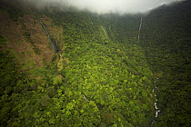 Aerial view of river gorge of the Rio Iladyi on the Southwest of Bioko Island, Equatorial Guinea, Central Africa, with cascades in the upper gorge visible. January 2008