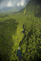 Aerial view of gorge of the Rio Ole, emerging from the Gran Caldera Volcanica de Luba, Bioko Island, Equatorial Guinea, Central Africa. January 2008
