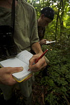 Primatologists, Tom Butynski and Jacob Owens, take notes on a monkey encounter during the trek into the caldera, Bioko Island, Equatorial Guinea, Rapid Assessment Visual Expedition, International Leag...