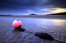Bantham beach with a bouy on sand, looking towards Burgh Island, evening light at low tide, South Devon, UK, September 2009
