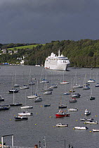 Cruise ship "Silver Cloud" moored in Fowey harbour, Cornwall, UK. September 2009.