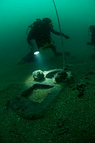 Diver with step (part of the ship's mast, where one section is joined to the next) of an unknown wreck discovered off the south coast, UK.. September 2009.