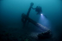 Diver at 30 meters, with an unknown anchor off the south coast, UK. September 2009.