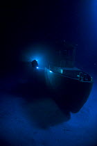 Diver at night on wreck of tugboat ''Blue Plunder'', off Nassau, Bahamas. January 2008.
