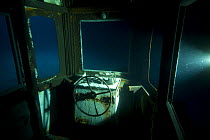 Interior of ship's bridge on wreck of tugboat ''Blue Plunder''. Nassau, Bahamas. August 2007.