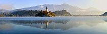 Lake Bled with Bled Island and the Assumption of Mary's Pilgrimage Church (Bled Castle in distance), Bled, Gorenjska, Slovenia, Europe, March 2009