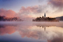 Lake Bled at sunrise with Bled Island and the Assumption of Mary's Pilgrimage Church, Bled, Gorenjska, Slovenia, October 2007