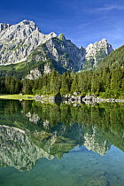 Mangrt mountain reflected in lake, Lago di Fusine, Julian Alps, Friuli-Venezia Giulia, Italy, July 2007