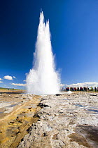 Tourists watching eruption of The Strokkur, the biggest geyser active in the Geysir area, SW Iceland, sequence 4/11. July 2008